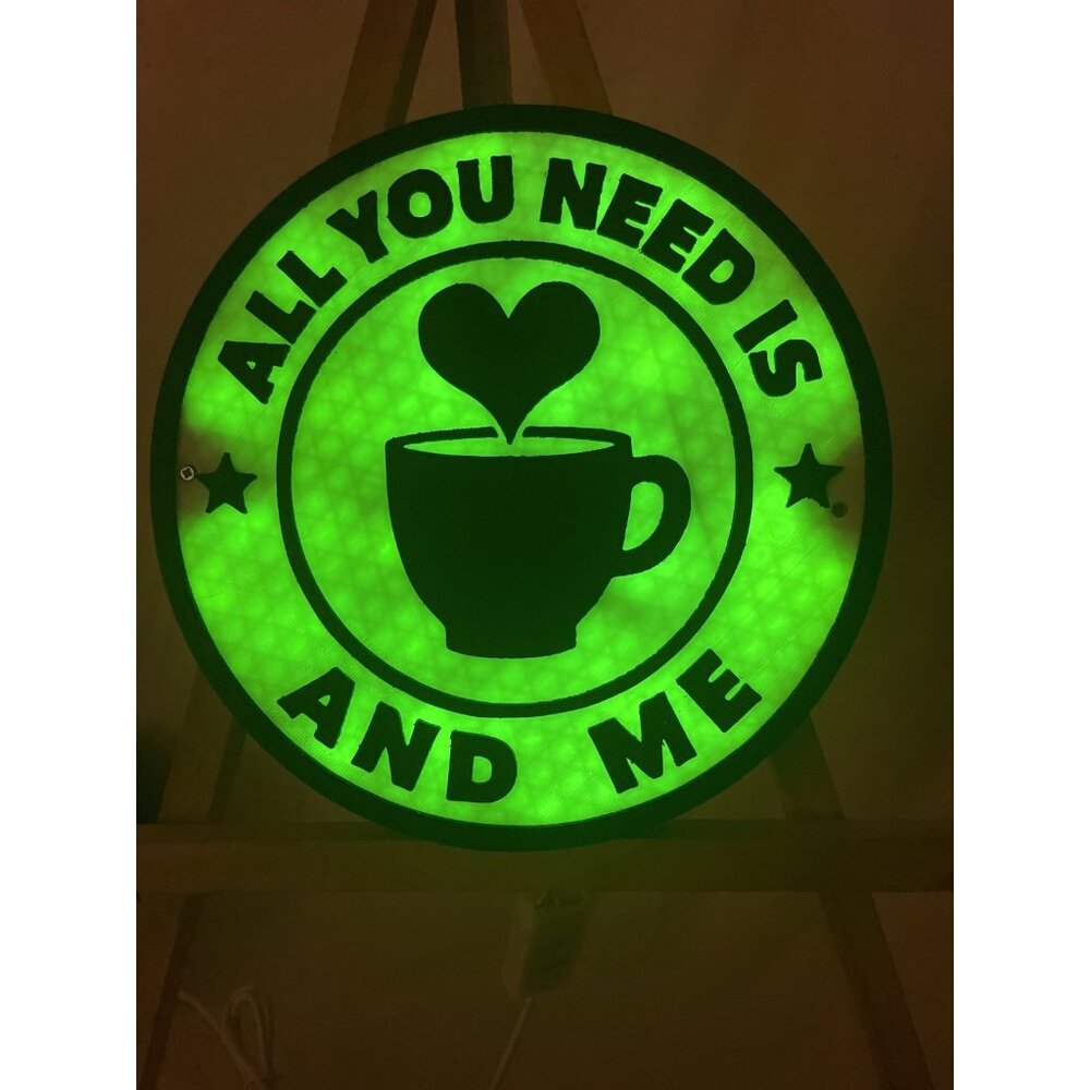 The Beatles inspired 3d printed wall led lamp ALL YOU NEED IS LOVE COFFEE AND ME